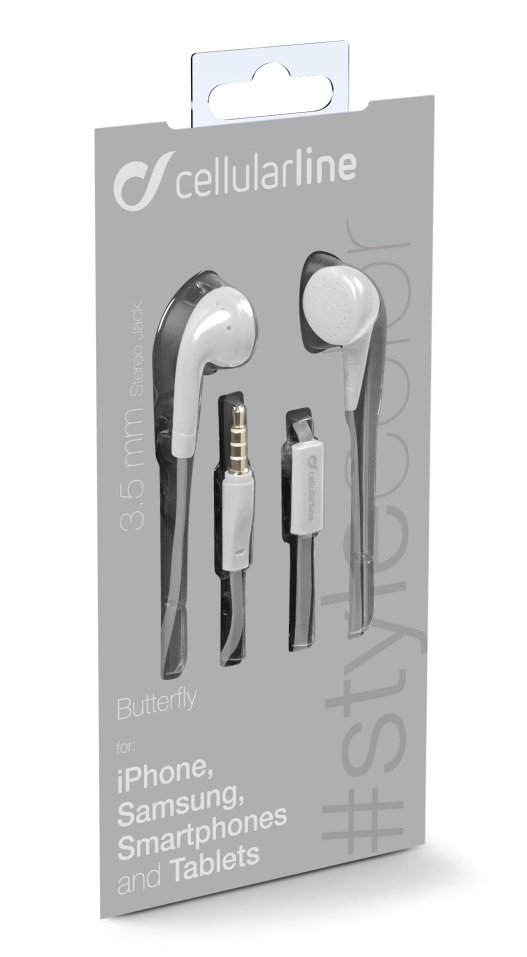 STYLE&COLOR sluchátka s mikrofonem Cellularline BUTTERFLY, plochý kabel, 3,5 mm jack, bílá